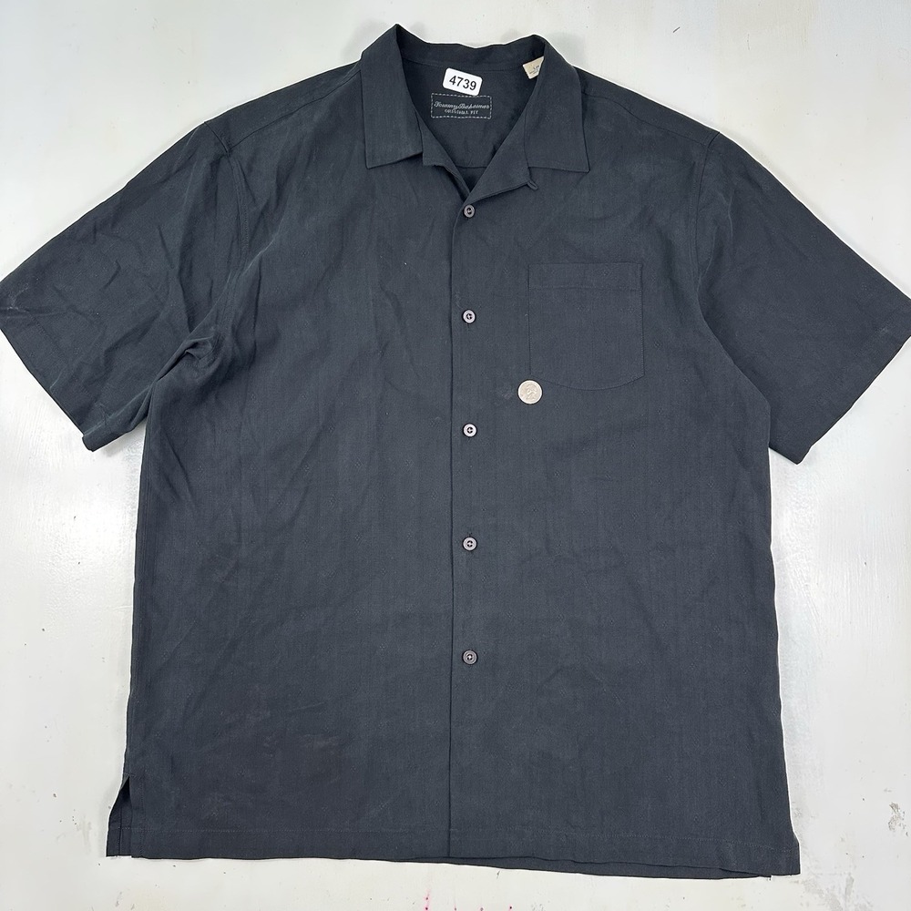 Tommy Bahama 100% Silk Hawaiian camp Shirt Men's Large Black Textured Weave